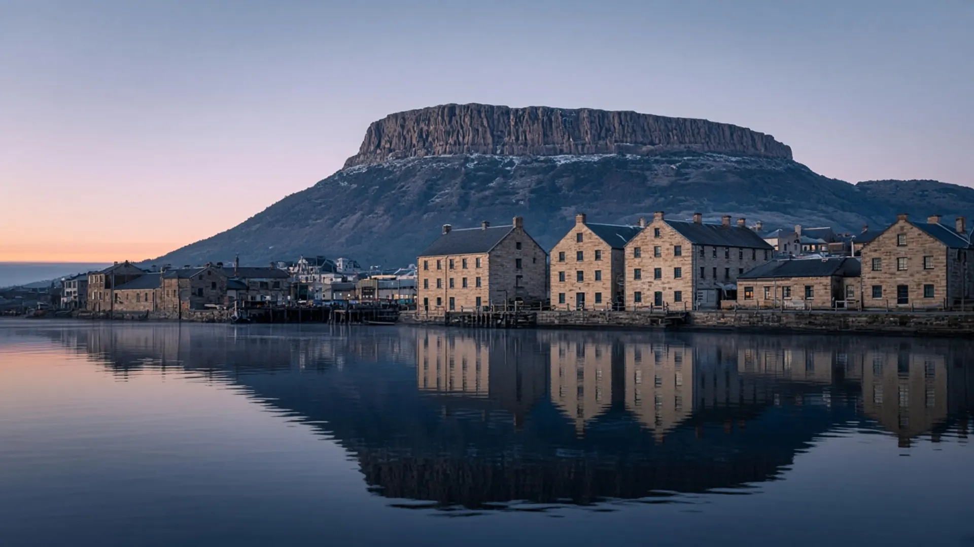 Hobart water and mountain light at dawn